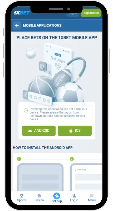 1xBet APK download complete notification with OK button and installation instructions link